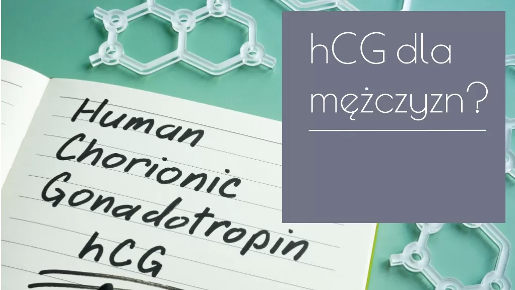 Ilustracja przedstawia napis "human chorionic gonadotropin hCG" oznaczający ludzką gonadotropinę kosmówkową