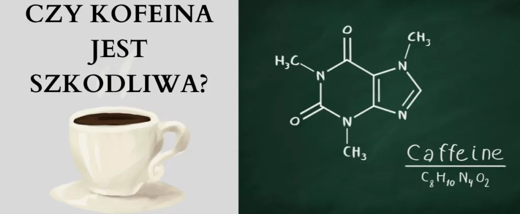 Filiżanka kawy, nad którą widnieje napis "Czy kofeina jest szkodliwa?", a obok znajduje się wzór chemiczny kofeiny