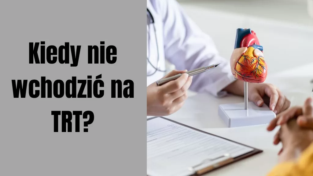 Rozmowa androloga z pacjentem, a po lewej stronie znajduje się napis "Kiedy nie wchodzić na trt?"