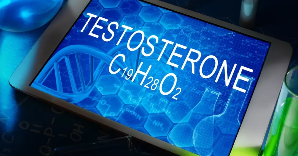 Napis "Testosterone" oznaczający "Testosteron", oraz jego wzór chemiczny C19H28O2