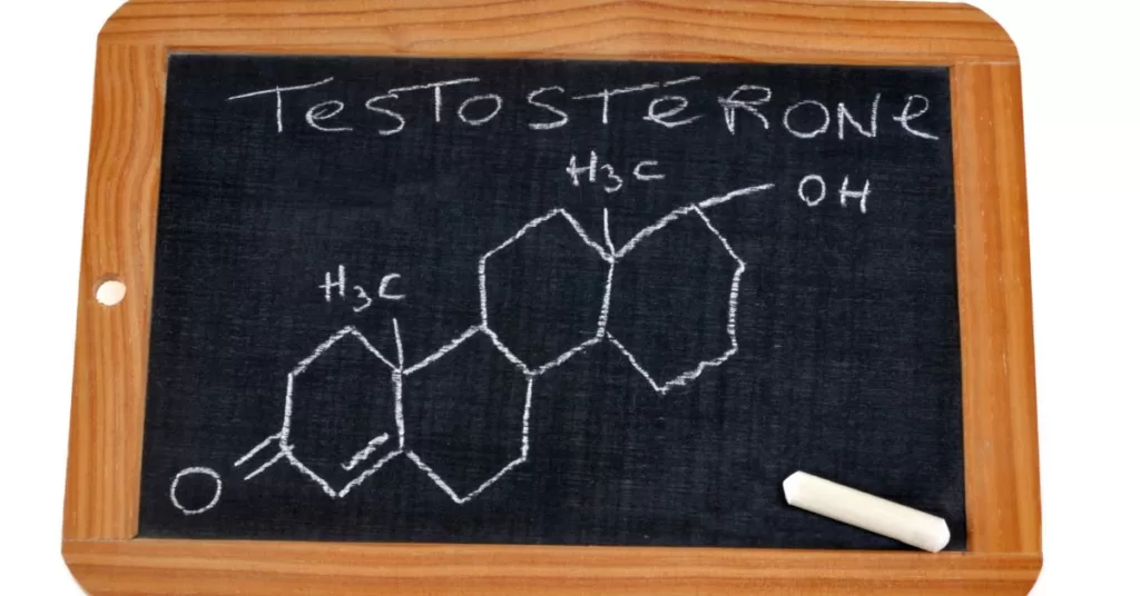 Tablica przedstawiające właściwości testosteronu, oraz wzór chemiczny męskiego hormonu