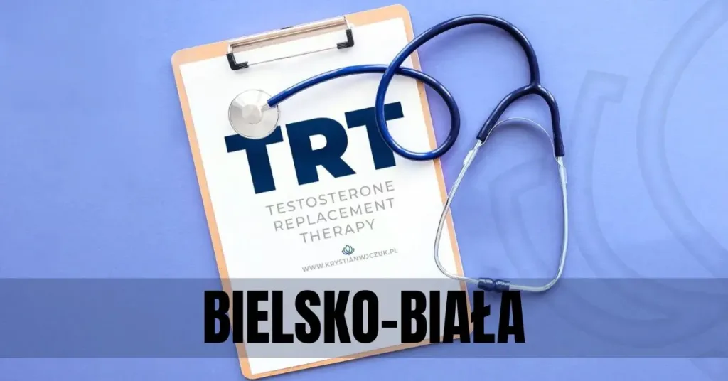 Kartka z napisem "TRT (Testosterone Replacement Therapy)" obok stetoskopu, symbolizująca terapię testosteronem w Bielsku-Białej.