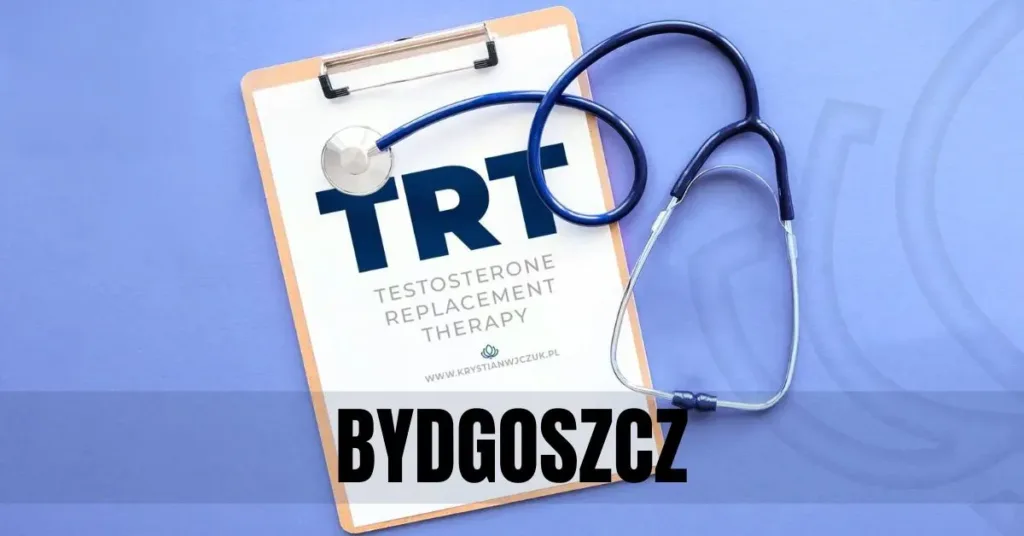 Kartka z napisem "TRT (Testosterone Replacement Therapy)" obok stetoskopu, symbolizująca terapię testosteronem w Bydgoszczy.