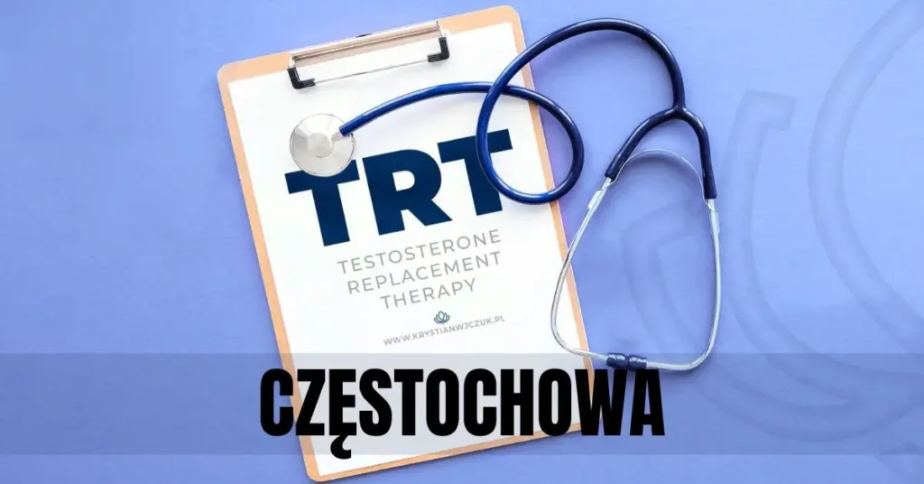 Kartka z napisem "TRT (Testosterone Replacement Therapy)" obok stetoskopu, symbolizująca terapię testosteronem w Częstochowie.