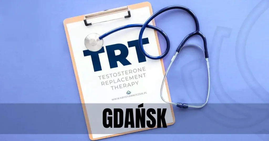 Kartka z napisem "TRT (Testosterone Replacement Therapy)" obok stetoskopu, symbolizująca terapię testosteronem w Gdańsku.