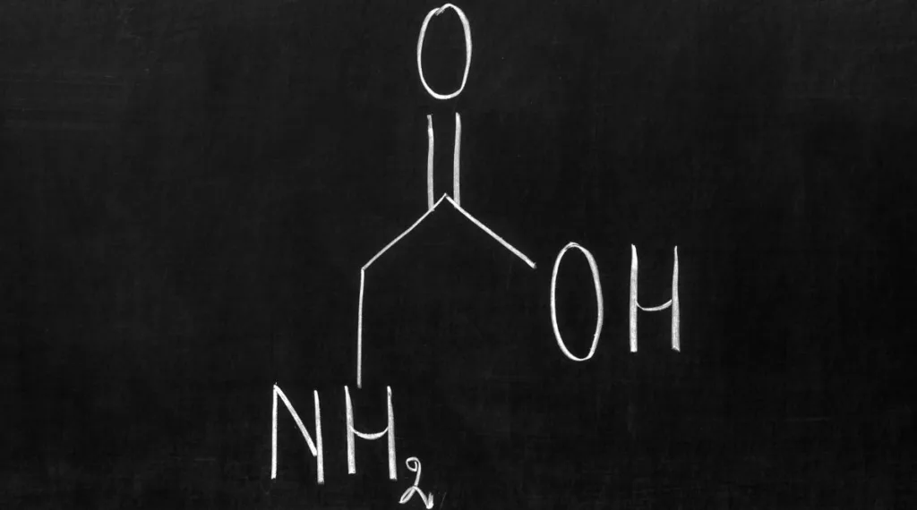 Wzór strukturalny glicyny, czyli najprostszego aminokwasu, pełniącego ważną rolę w organizmie