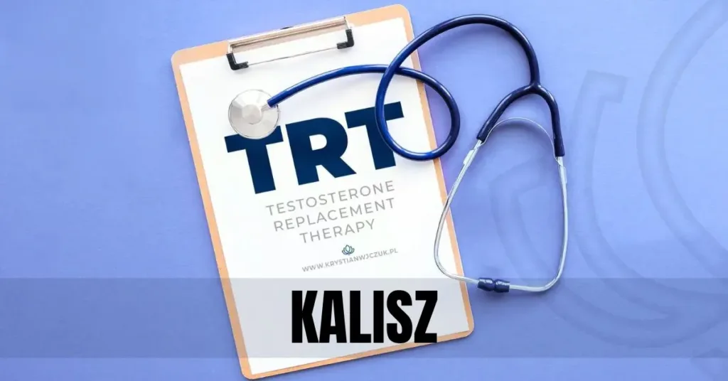 Kartka z napisem "TRT (Testosterone Replacement Therapy)" obok stetoskopu, symbolizująca terapię testosteronem w Kaliszu.