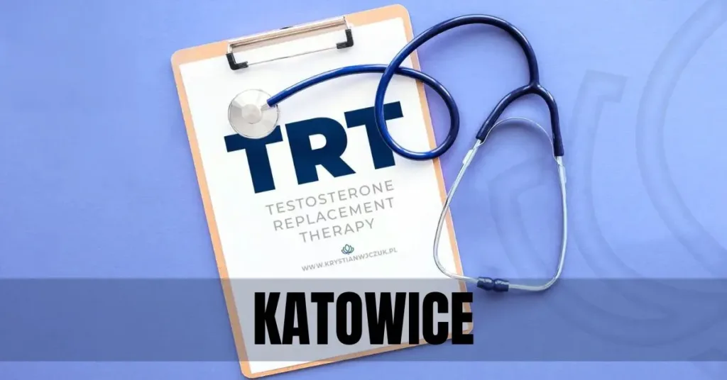 Kartka z napisem "TRT (Testosterone Replacement Therapy)" obok stetoskopu, symbolizująca terapię testosteronem w Katowicach.