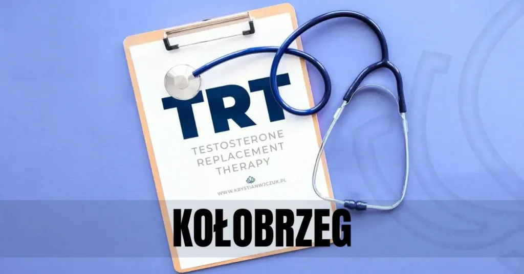 Kartka z napisem "TRT (Testosterone Replacement Therapy)" obok stetoskopu, symbolizująca terapię testosteronem w Kołobrzegu.