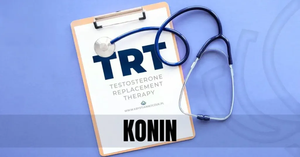 Kartka z napisem "TRT (Testosterone Replacement Therapy)" obok stetoskopu, symbolizująca terapię testosteronem w Koninie.