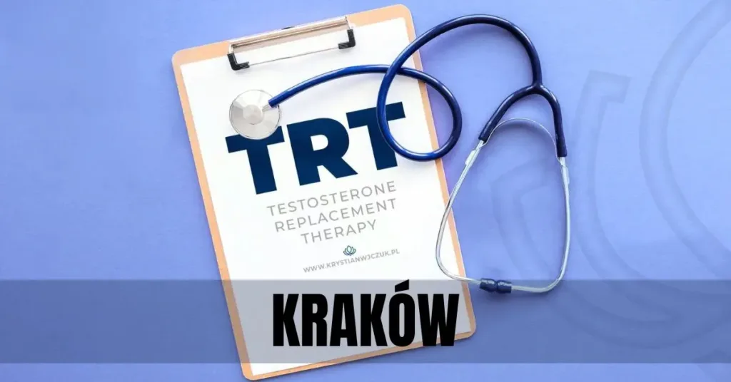 Kartka z napisem "TRT (Testosterone Replacement Therapy)" obok stetoskopu, symbolizująca terapię testosteronem w Krakowie.