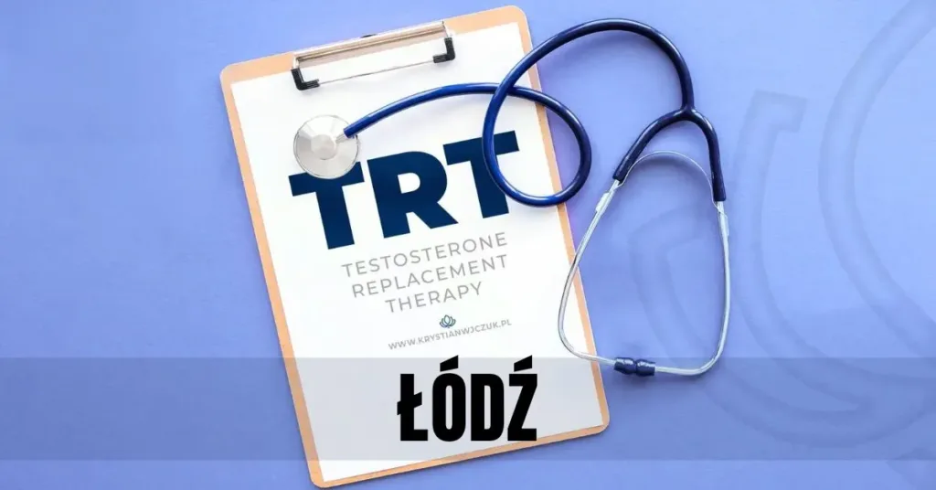 Kartka z napisem "TRT (Testosterone Replacement Therapy)" obok stetoskopu, symbolizująca terapię testosteronem w Łodzi.