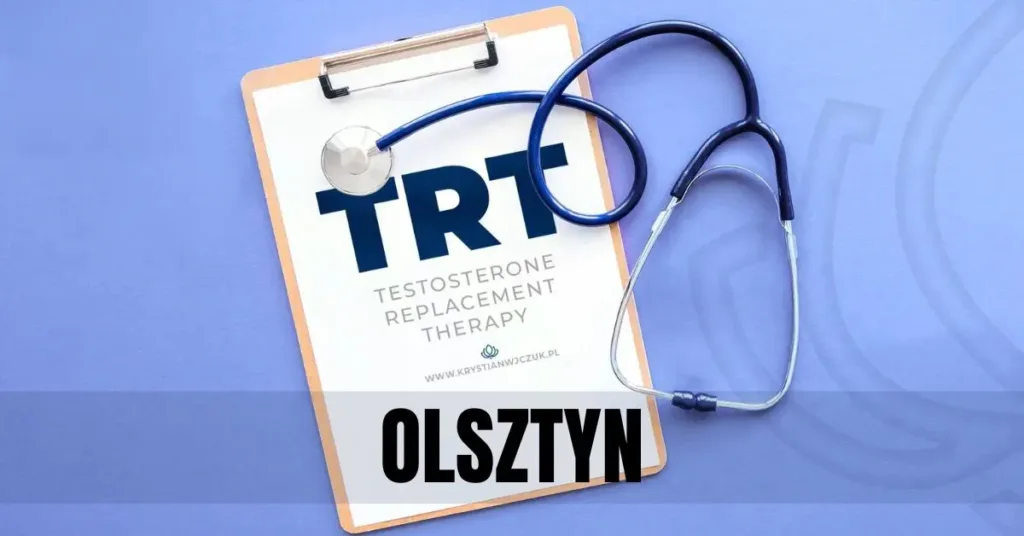 Kartka z napisem "TRT (Testosterone Replacement Therapy)" obok stetoskopu, symbolizująca terapię testosteronem w Olsztynie.