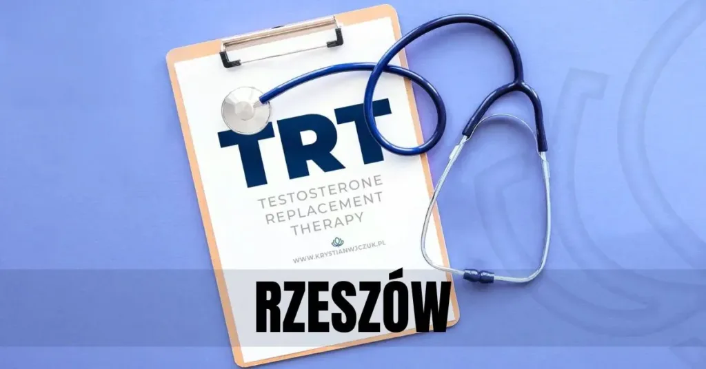 Kartka z napisem "TRT (Testosterone Replacement Therapy)" obok stetoskopu, symbolizująca terapię testosteronem w Rzeszowie.