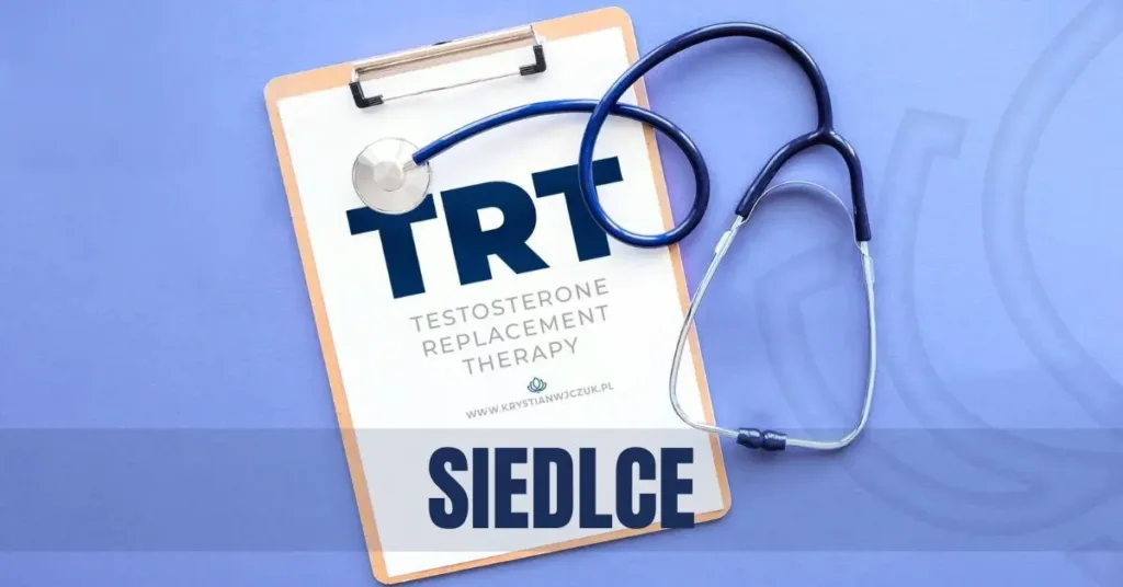 Kartka z napisem "TRT (Testosterone Replacement Therapy)" obok stetoskopu, symbolizująca terapię testosteronem w Siedlcach.