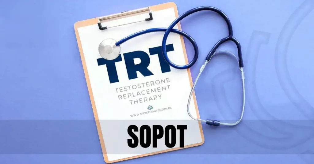 Kartka z napisem "TRT (Testosterone Replacement Therapy)" obok stetoskopu, symbolizująca terapię testosteronem w Sopocie.