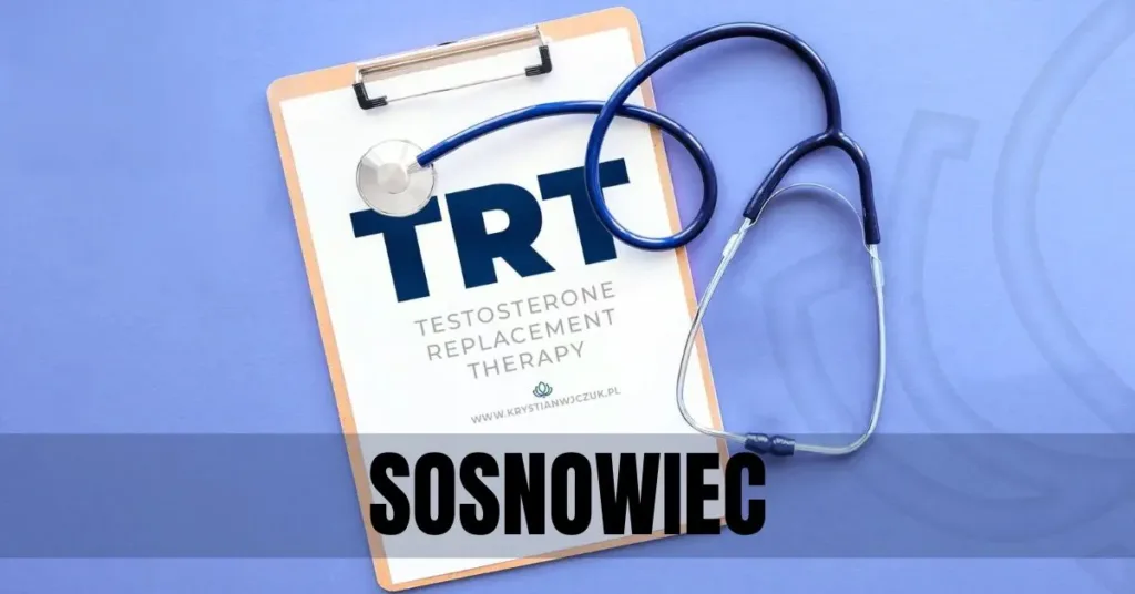 Kartka z napisem "TRT (Testosterone Replacement Therapy)" obok stetoskopu, symbolizująca terapię testosteronem w Sosnowcu.