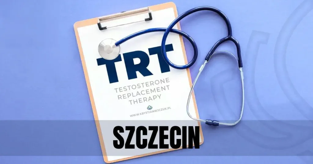 Kartka z napisem "TRT (Testosterone Replacement Therapy)" obok stetoskopu, symbolizująca terapię testosteronem w Szczecinie.