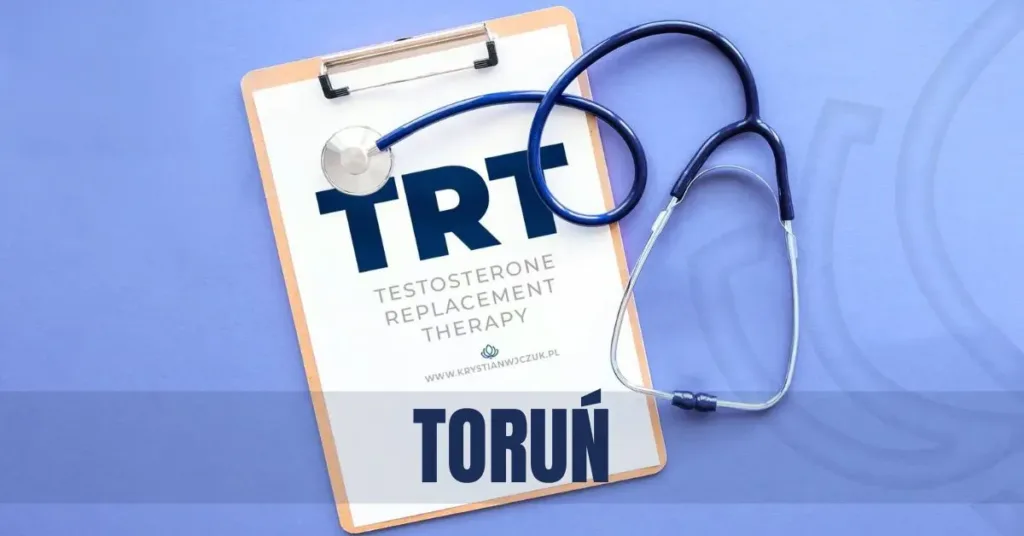 Kartka z napisem "TRT (Testosterone Replacement Therapy)" obok stetoskopu, symbolizująca terapię testosteronem w Toruniu.