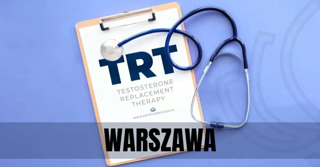 Kartka z napisem "TRT (Testosterone Replacement Therapy)" obok stetoskopu, symbolizująca terapię testosteronem w Warszawie.