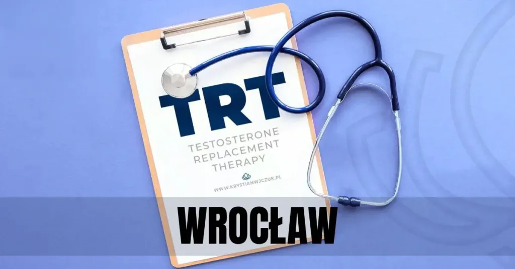 Kartka z napisem "TRT (Testosterone Replacement Therapy)" obok stetoskopu, symbolizująca terapię testosteronem we Wrocławiu.