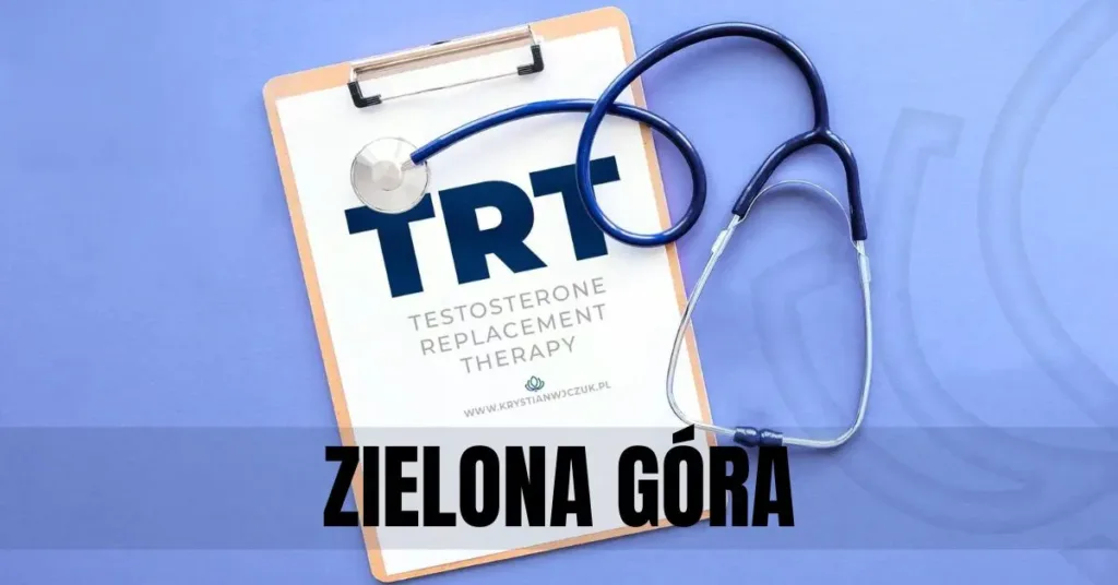 Kartka z napisem "TRT (Testosterone Replacement Therapy)" obok stetoskopu, symbolizująca terapię testosteronem w Zielonej Górze.